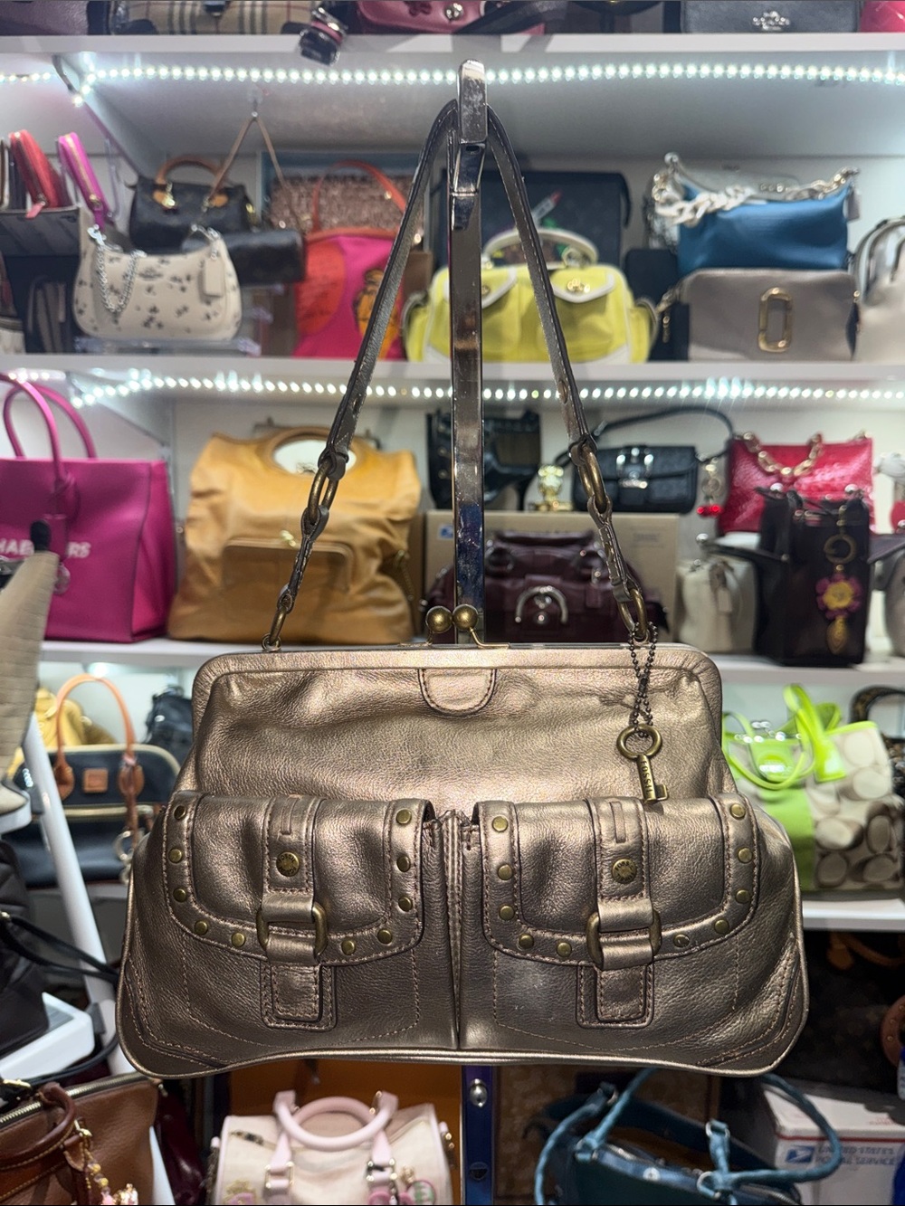 Fossil Vintage Kiss lock Metallic Bronze shoulder Bag with Front Flap Pockets